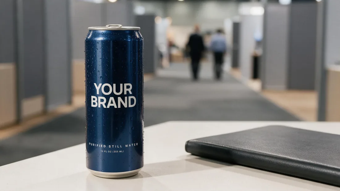 Navy can marked YOUR BRAND on a trade show booth counter, visitors talking in the aisle behind it