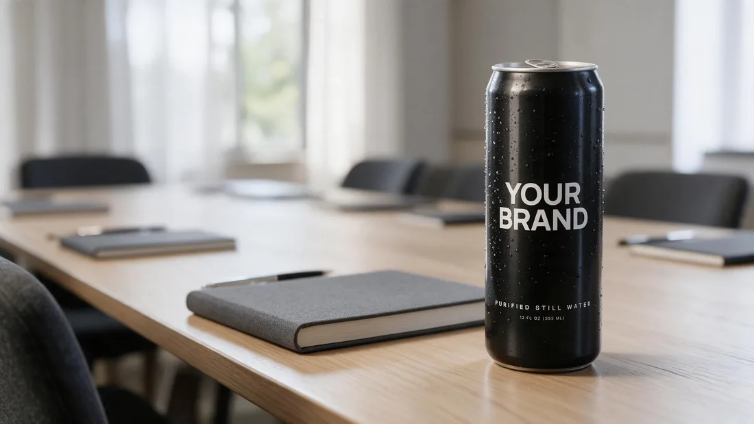 Black can marked YOUR BRAND on a boardroom table set for a company offsite