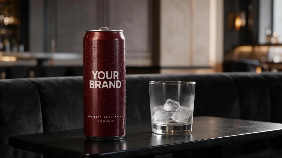 Burgundy can marked YOUR BRAND on a stone table in an evening lounge