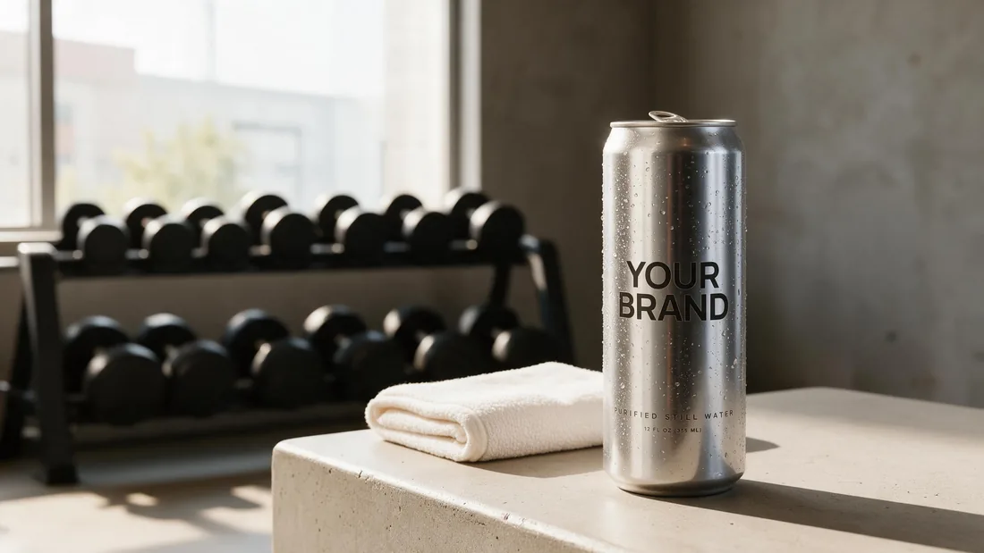 Silver can marked YOUR BRAND on a bench in a fitness studio