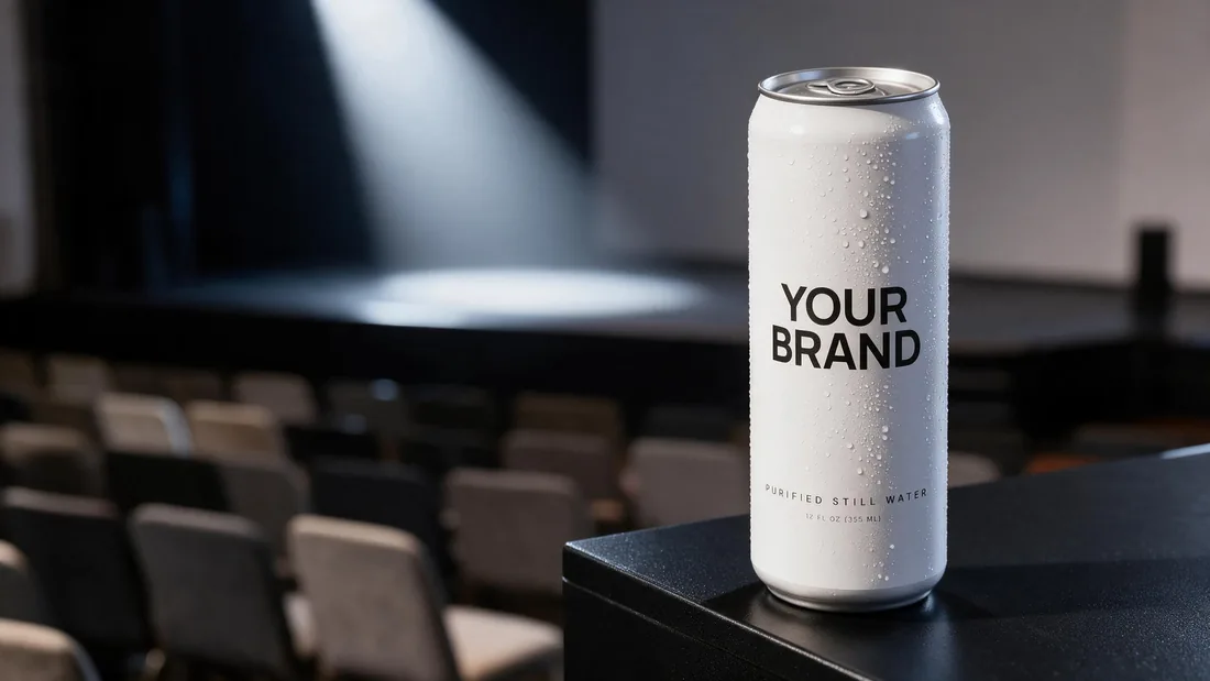 White can marked YOUR BRAND on a lectern beside an empty stage