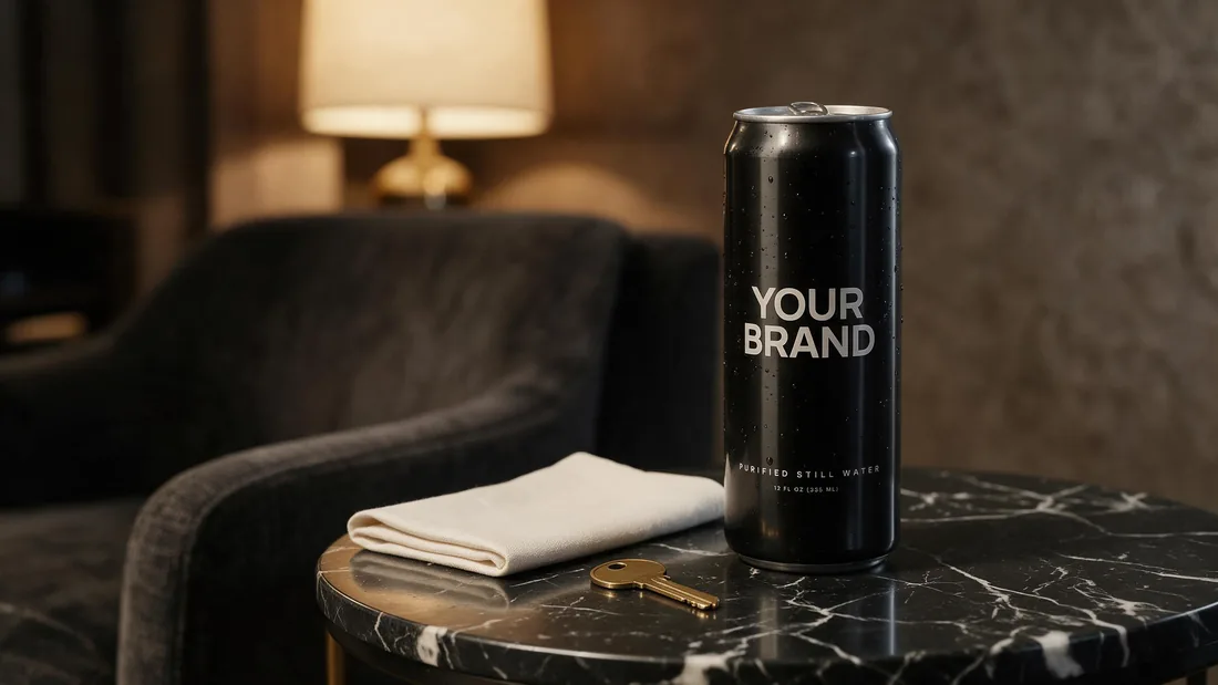 Black can marked YOUR BRAND on a marble table in a hotel lobby