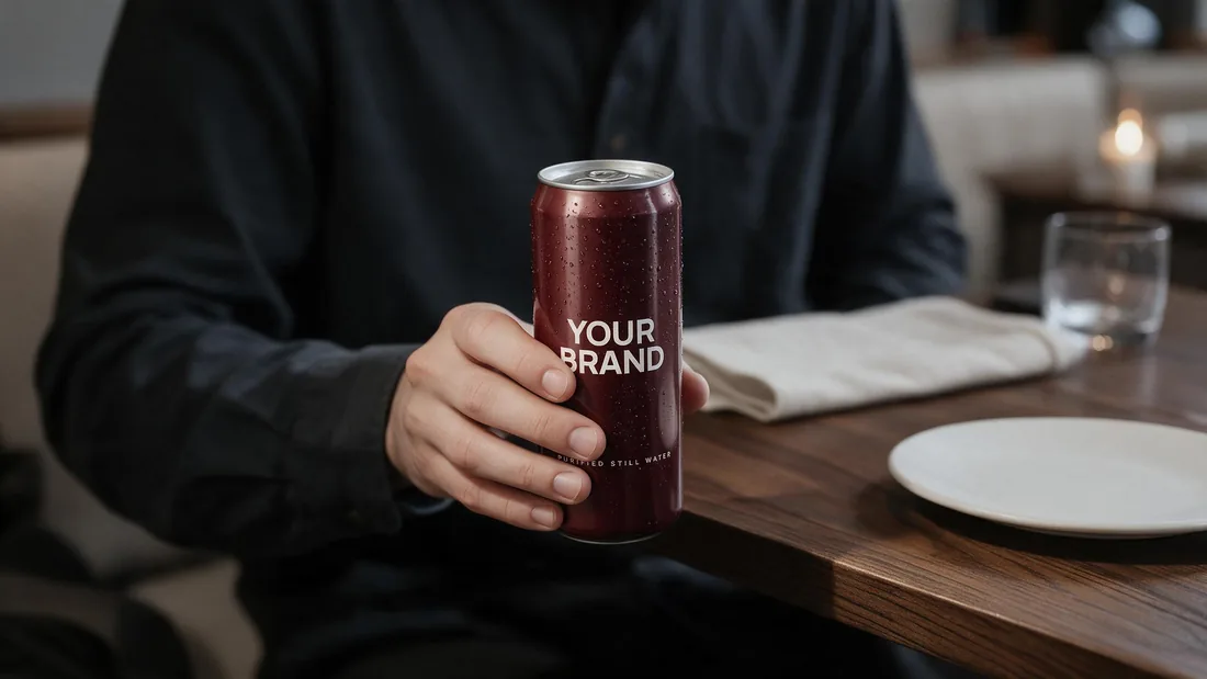 A guest at a restaurant table holds a burgundy can marked YOUR BRAND
