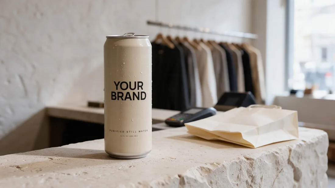 Sand can marked YOUR BRAND on a boutique counter