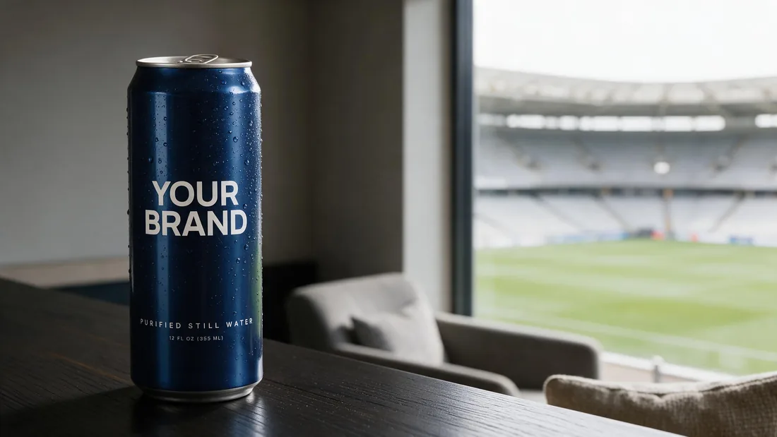 Navy can marked YOUR BRAND in a stadium suite above the pitch