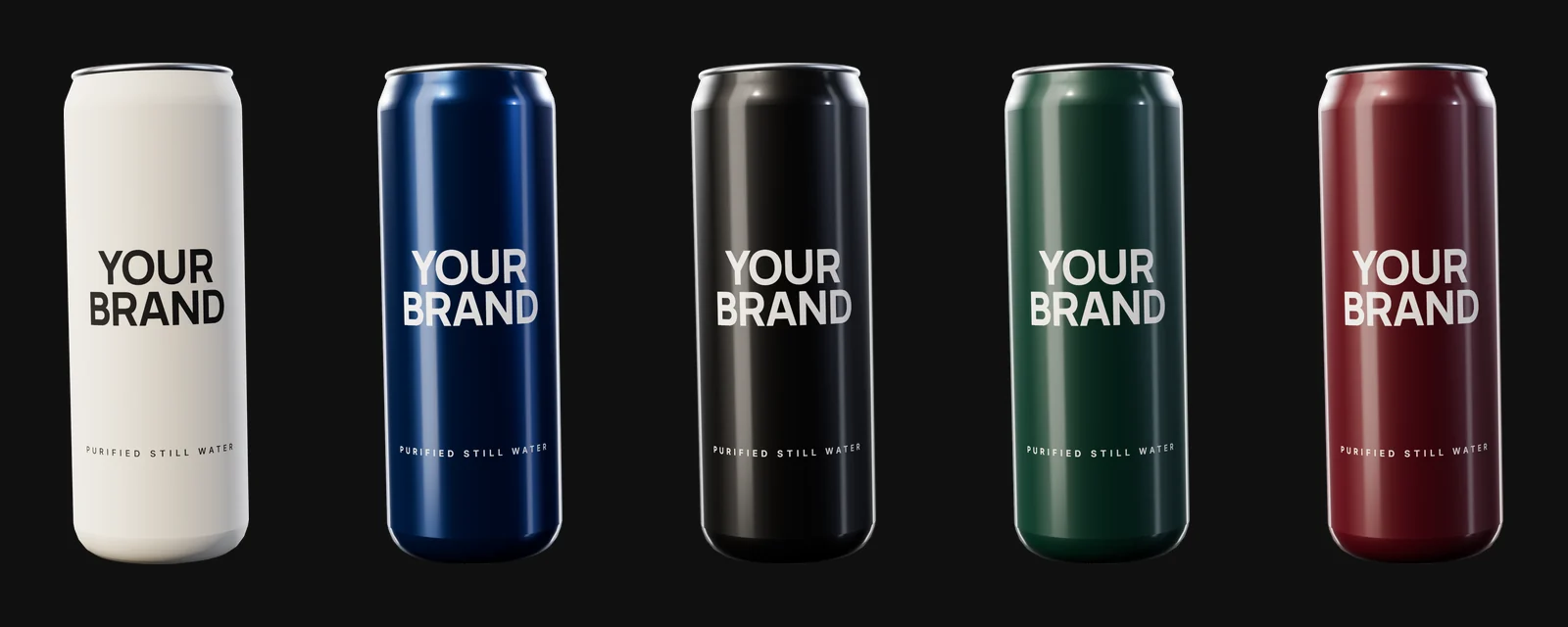 Five aluminum water cans in cream, navy, black, green and burgundy, each printed with the words YOUR BRAND